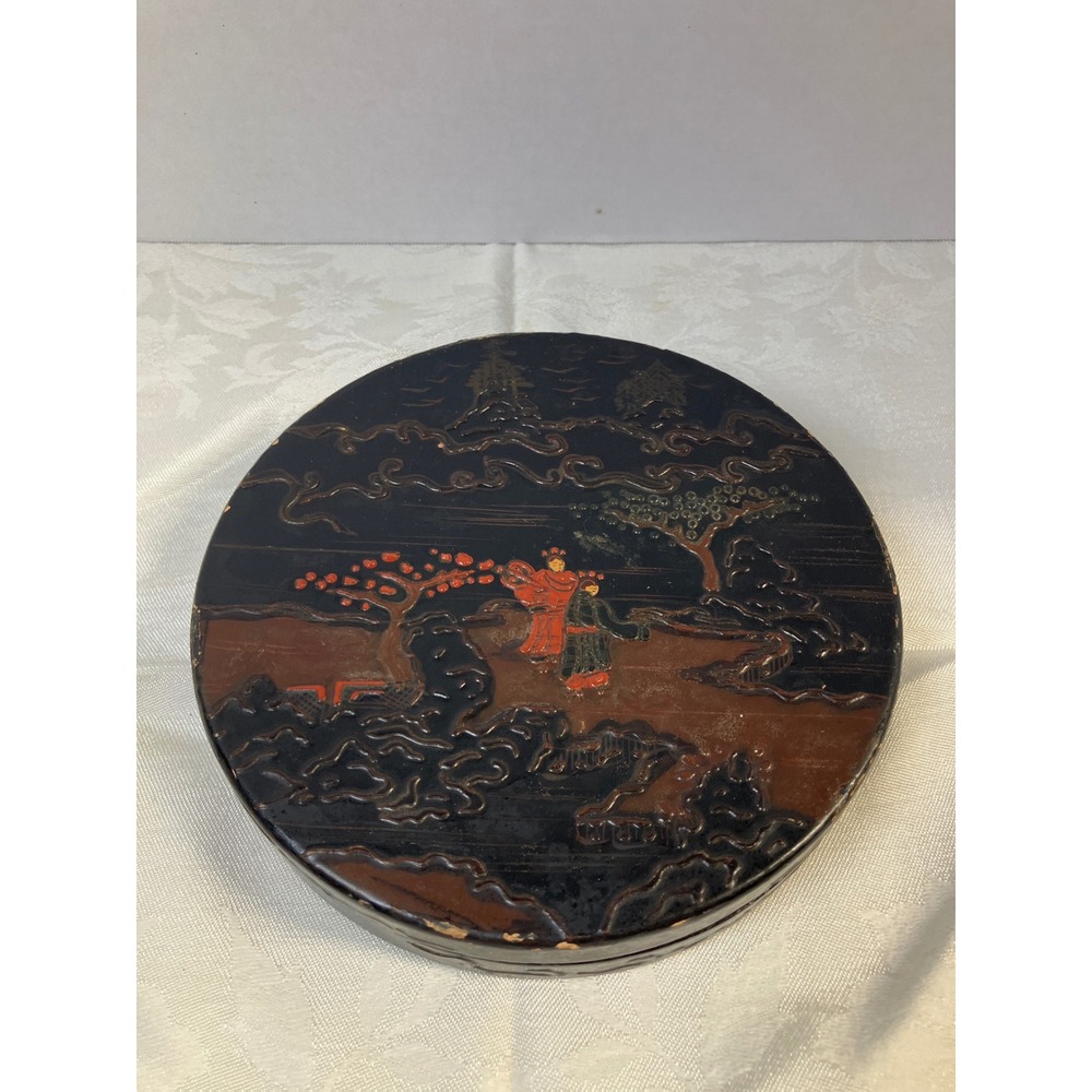 Vintage Japanese Lacquerware Trinket‎ Dish Round Covered Box Hand Painted Made